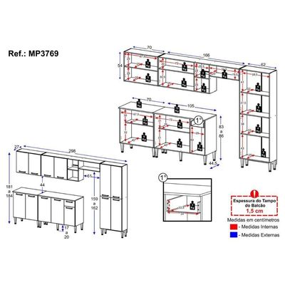 Armário Cozinha Modulada Completa 298cm Pequim Top Multimóveis Mp3769 Preto