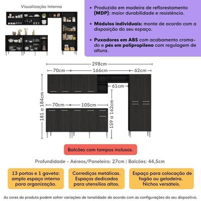 Armário Cozinha Modulada Completa 298cm Pequim Top Multimóveis Mp3769 Preto