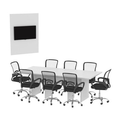 Conjunto Mesa De Escritório Reunião 220cm Com Painel Para Tv Multimóveis Cr25339 Branco