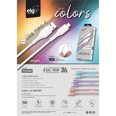 Cabo USB Tipo-C ELG TC12W 3A Branco 1,2m