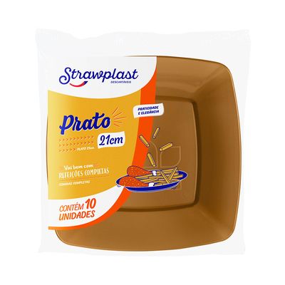 Prato Descartável Strawplast Quadrado Leitoso 21cm com 10 Unidades Dourado