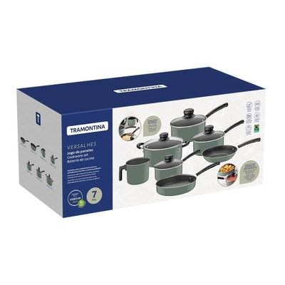 Conjunto de Panelas 7 Peças Versalhes Verde + Faqueiro 12 Peças Leme Azul Tramontina Verde