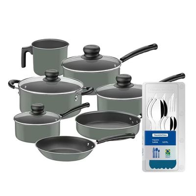 Conjunto de Panelas 7 Peças Versalhes Verde + Faqueiro 12 Peças Leme Azul Tramontina Verde
