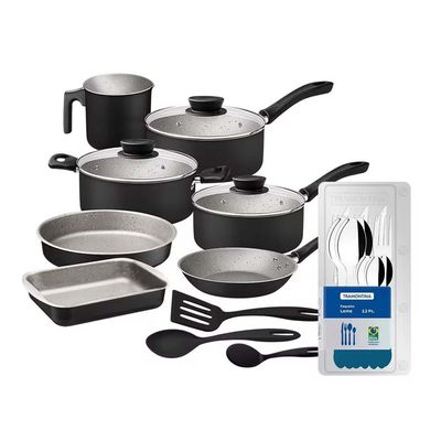 Conjunto de Panelas 10 Peças Linz Starflon Max e Faqueiro Leme 12 Peças Tramontina Preto