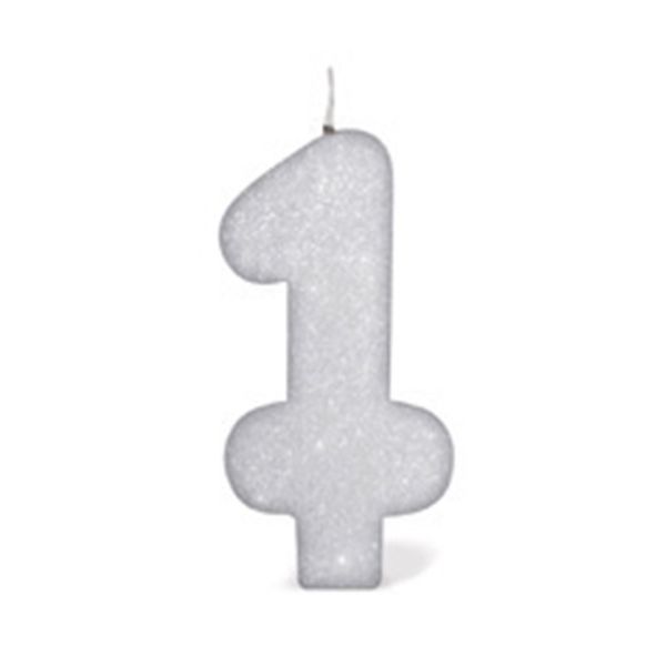 Vela de Aniversário Silver com Gliter Número 1 Branco