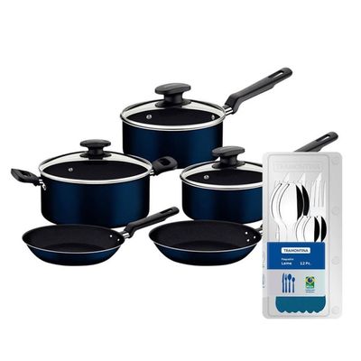 Conjunto de Panelas 5 Peças Ravena Starflon Max Azul + Faqueiro 12 Peças Leme Tramontina Azul