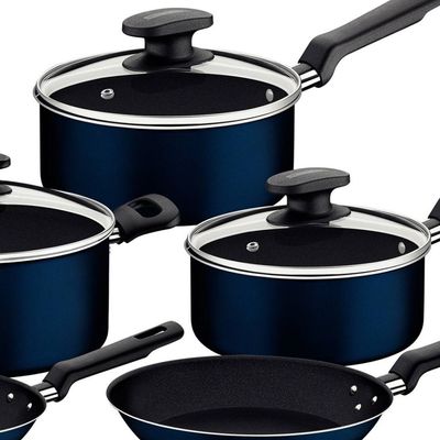 Conjunto de Panelas 5 Peças Ravena Starflon Max Azul + Faqueiro 12 Peças Leme Tramontina Azul