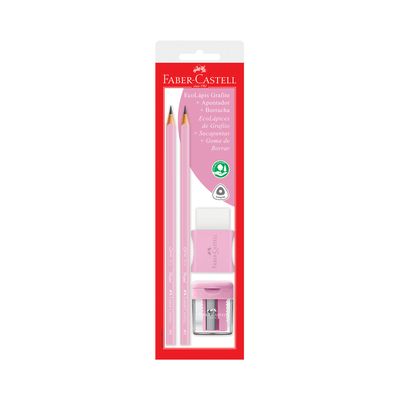 Kit Escrita Faber-Castell Pastel Rosa com 2 Lápis HB Nº2, 1 Apontador e 1 Borracha