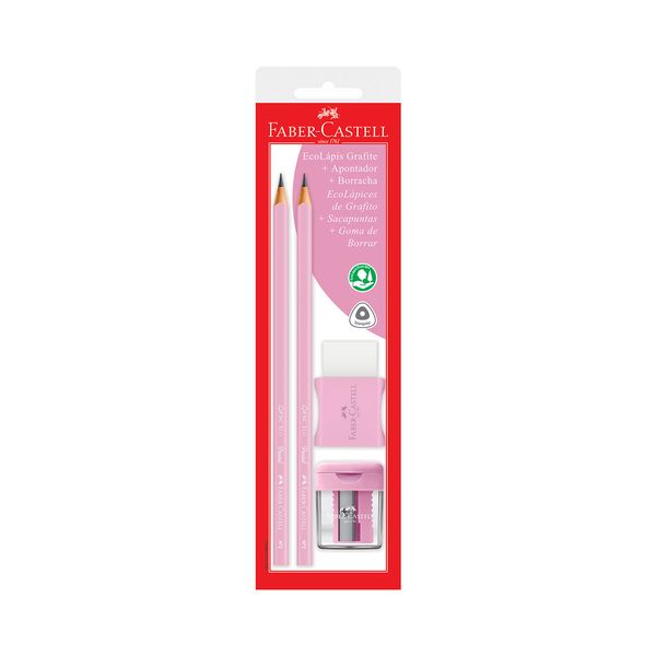 Kit Escrita Faber-Castell Pastel Rosa com 2 Lápis HB Nº2, 1 Apontador e 1 Borracha