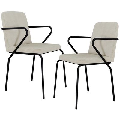 Kit 02 Cadeiras Estofada Para Sala De Jantar Com Braço Loft Preto C01 Bouclê Vanilla - Lyam Decor