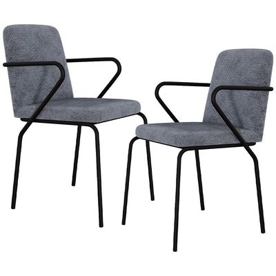 Kit 02 Cadeiras Estofada Para Sala De Jantar Com Braço Loft Preto C01 Linho Prata - Lyam Decor