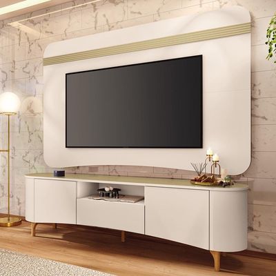 Rack Para Sala Martina Com Painel Para Tv 80 Pol Orgânico Ermione B01 Off White Champanhe - Lyam Decor