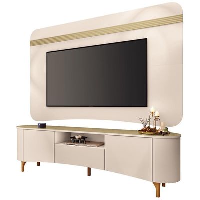 Rack Para Sala Martina Com Painel Para Tv 80 Pol Orgânico Ermione B01 Off White Champanhe - Lyam Decor