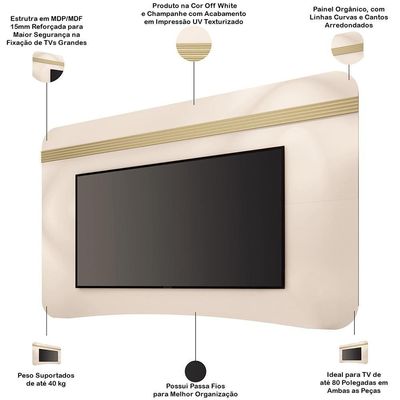 Rack Para Sala Martina Com Painel Para Tv 80 Pol Orgânico Ermione B01 Off White Champanhe - Lyam Decor