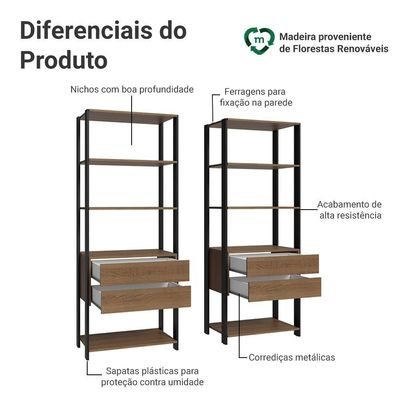 Estante Armário Multiuso Para Livros 4 Gavetas 8 Prateleiras 140cm Rustic Preto Madesa