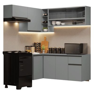 Armário De Cozinha Completa De Canto Suspenso 325cm Nice Madesa 02 Cinza