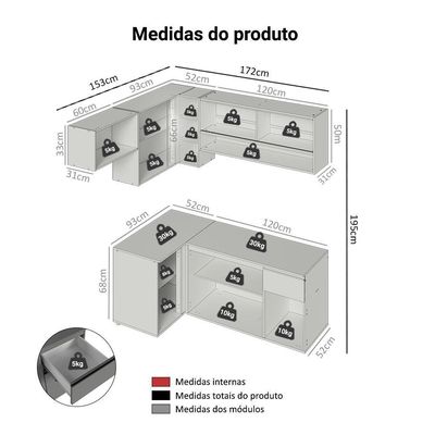 Armário De Cozinha Completa De Canto Suspenso 325cm Nice Madesa 02 Cinza