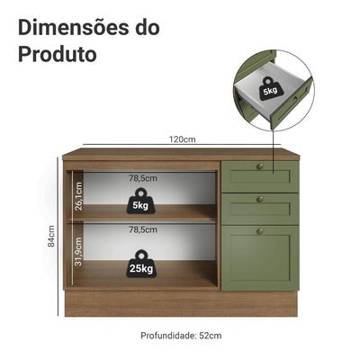 Balcão De Cozinha 120 Cm 2 Portas 3 Gavetas Rustic/verde Vik Madesa Rustic/verde