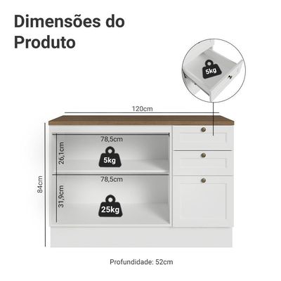 Balcão De Cozinha 120 Cm 2 Portas 3 Gavetas Branco Tampo Rustic Vik Madesa Branco/rustic