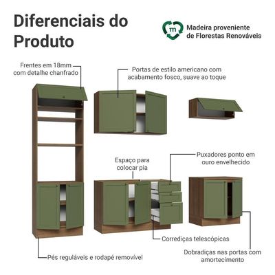 Armário De Cozinha Completa 270 Cm Rustic/verde Vik Madesa 01 Rustic/verde