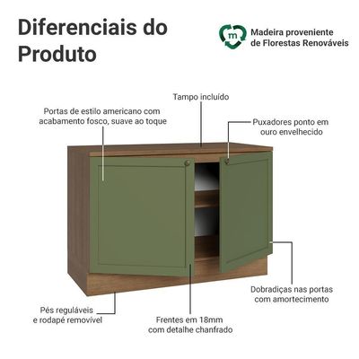 Balcão De Cozinha 120 Cm 2 Portas Rustic/verde Vik Madesa Rustic/verde