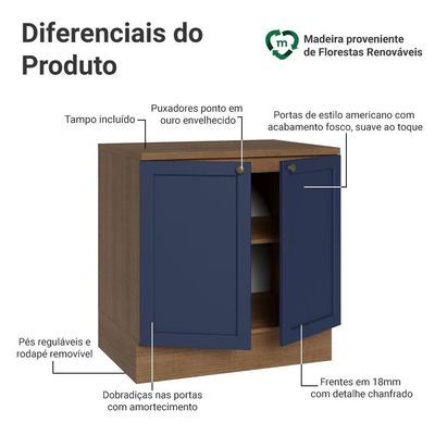 Balcão De Cozinha 80 Cm 2 Portas Rustic/azul Vik Madesa Rustic/azul