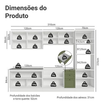 Armário De Cozinha Completa 310 Cm Vik Madesa 01 Branco/verde