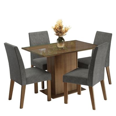 Conjunto Sala De Jantar Mesa Tampo De Vidro 4 Cadeiras Zion Madesa Rustic/silver