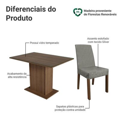 Conjunto Sala De Jantar Mesa Tampo De Vidro 4 Cadeiras Zion Madesa Rustic/silver