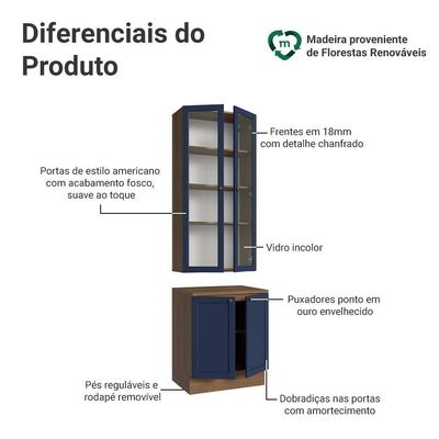 Kit Balcão + Cristaleira 70 Cm Vik Madesa 02 Rustic/azul