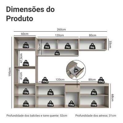 Armário De Cozinha Completa 260 Cm Suspenso Nice Madesa 14 Crema