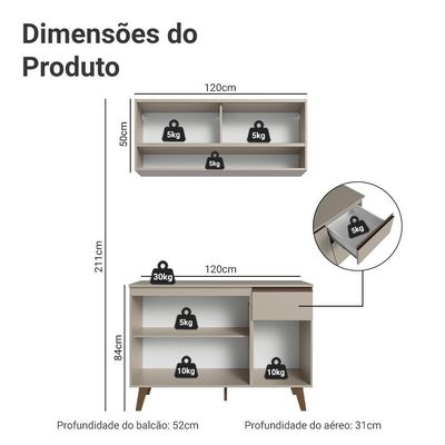 Armário De Cozinha Compacta 120 Cm Nice Madesa 02 Crema