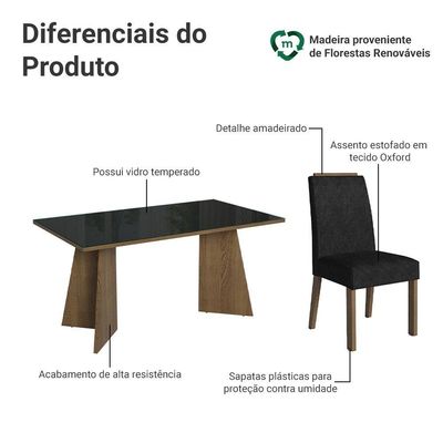 Conjunto Sala De Jantar Tampo De Vidro 4 Cadeiras Rustic/preto/oxford Braga Madesa