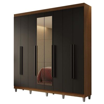 Guarda-roupa Casal Com Pés 8 Portas Batentes Com Espelho Rustic-preto-preto Netuno Madesa
