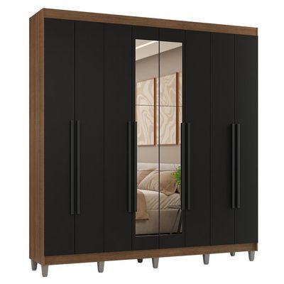 Guarda-roupa Casal Com Pés 8 Portas Batentes Com Espelho Rustic-preto-preto Venus Madesa
