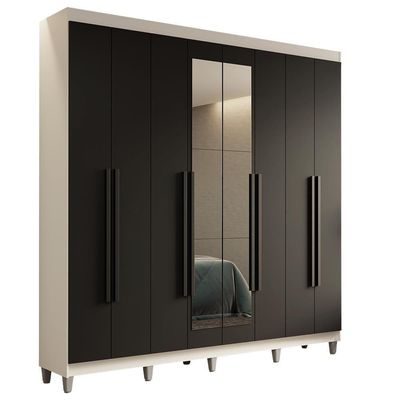 Guarda-roupa Casal Com Pés 8 Portas Batentes Com Espelho Branco-preto-branco Saturno Madesa