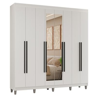 Guarda-roupa Casal Com Pés 8 Portas Batentes Com Espelho Branco-branco-preto Venus Madesa