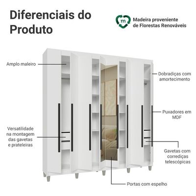 Guarda-roupa Casal Com Pés 8 Portas Batentes Com Espelho Branco-branco-preto Venus Madesa