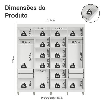 Guarda-roupa Closet Com Pés 4 Gavetas 216cm Branco Venus Madesa