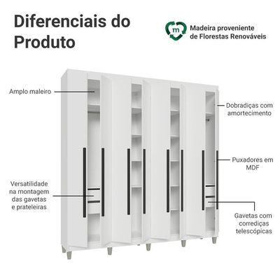 Guarda-roupa Casal Com Pés 8 Portas Batentes Branco-branco-preto Netuno Madesa