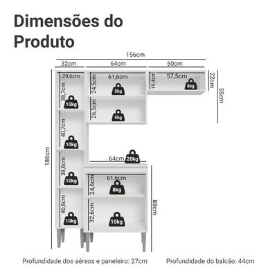 Armário De Cozinha Compacta 156cm Emilly Madesa Branco 03 Branco