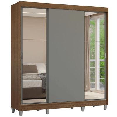 Guarda-roupa Casal Com Pés 3 Portas De Correr Com Espelhos Rustic Cinza Reno Madesa