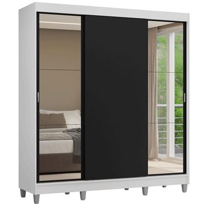 Guarda-roupa Casal Com Pés 3 Portas De Correr Com Espelhos Branco Preto Reno Madesa