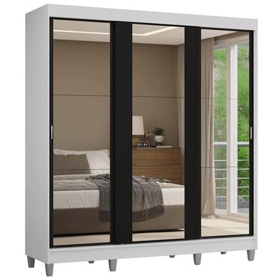 Guarda-roupa Casal Com Pés 3 Portas De Correr De Espelho Branco Preto Reno Madesa