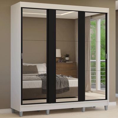 Guarda-roupa Casal Com Pés 3 Portas De Correr De Espelho Branco Preto Reno Madesa
