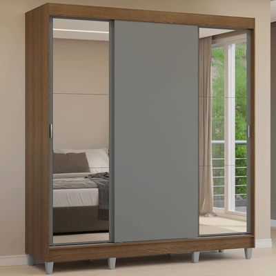 Guarda-roupa Casal Com Pés 3 Portas De Correr Com Espelhos Rustic Cinza Reno Madesa