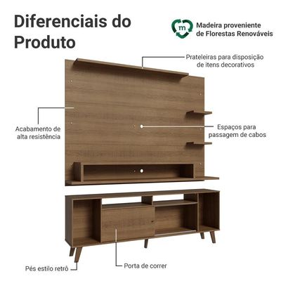 Rack Com Painel Para Tv Até 60 Polegadas 180 Cm Com Pés Rustic Cancun Madesa Rustic