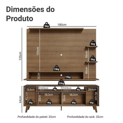 Rack Com Painel Para Tv Até 60 Polegadas 180 Cm Com Pés Rustic Cancun Madesa Rustic