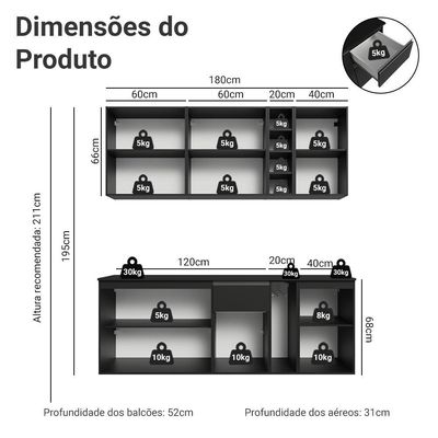 Armário De Cozinha Compacta 180 Cm Suspenso Preto Nice Madesa 04 Preto
