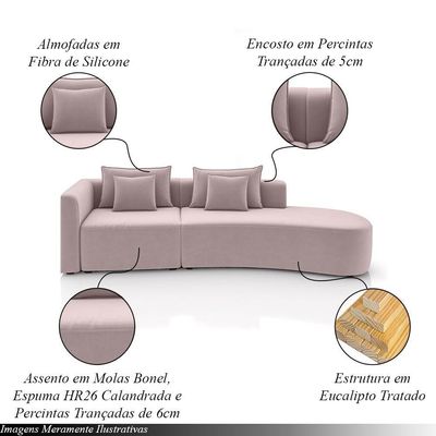 Sofá Curvo Decorativo Kimiko 317cm 3 Lugares Sala De Estar Com Chaise Veludo Rosê G52 - Gran Belo